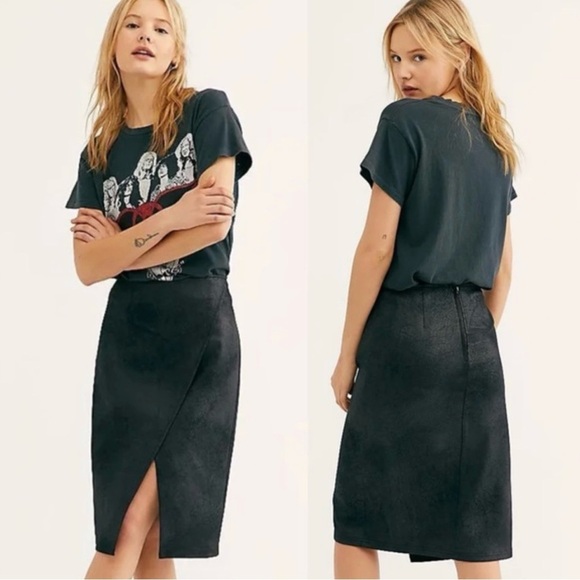 FREE PEOPLE Whitney Faux Leather Pencil Skirt Black Vegan Wrap Style Size Small - Picture 1 of 14
